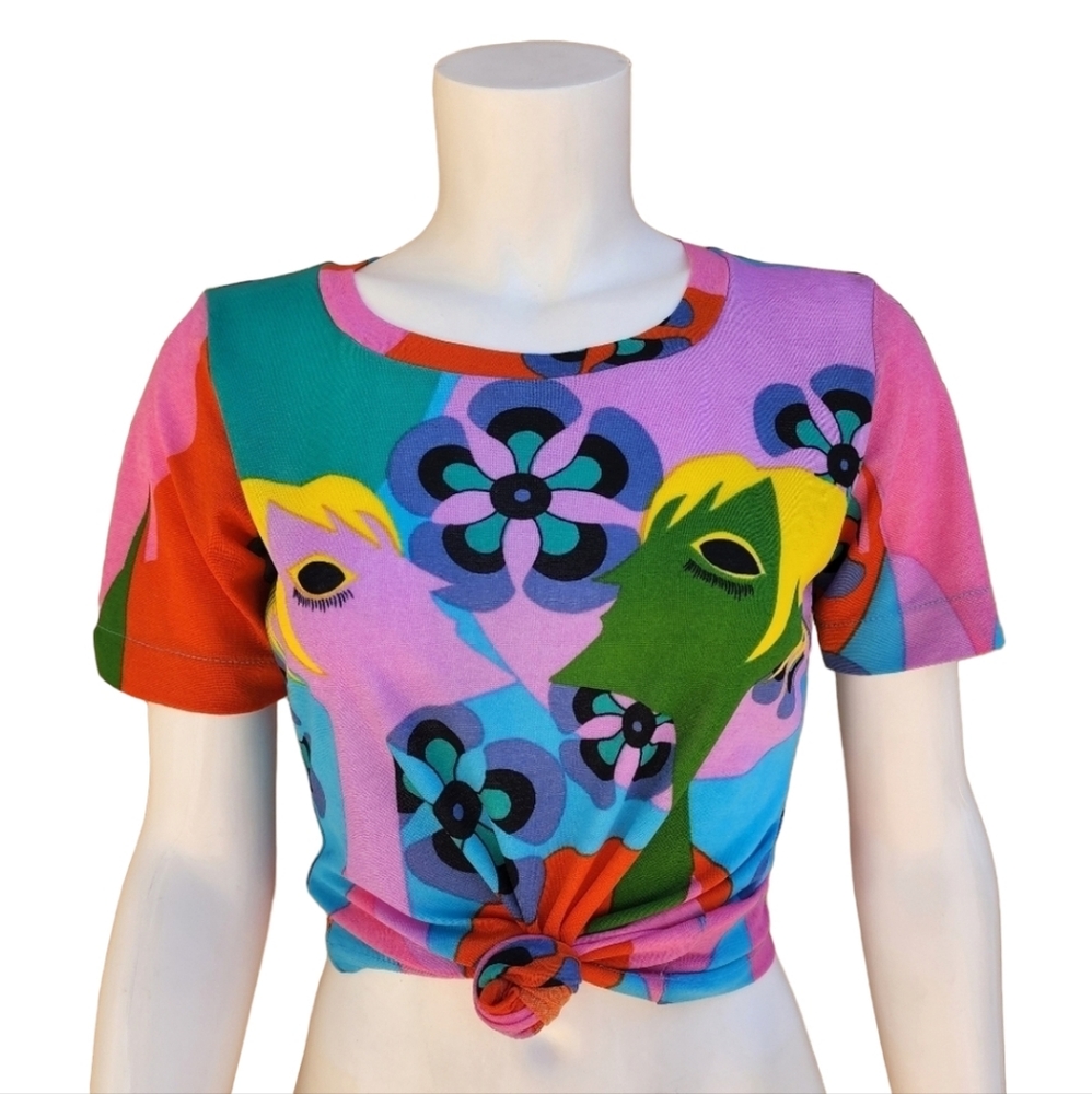 VINTAGE Floral Tee S Italy Paris Punk GoGo Retro Stretch Artsy Graphic - Picture 3 of 14